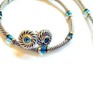 14k White Gold Blue Topaz Cookie Cable Earrings